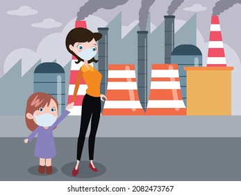Bad air pollution vector concept: Young mother and little daughter walking on the road while wearing face mask with bad air pollution 