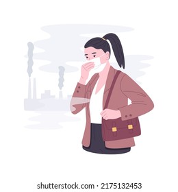 Bad air quality isolated cartoon vector illustrations. Girl in a protective mouth mask feels bad, air pollution problem, unhealthy environment, world ecological situation vector cartoon.