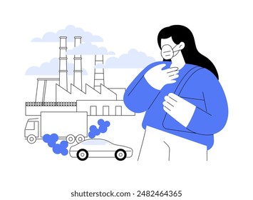 Mala calidad del aire aislado Ilustraciones vectoriales de dibujos animados. Chica en una máscara protectora de la boca se siente mal, problema de contaminación del aire, ambiente insalubre, situación ecológica mundial Vector de dibujos animados.