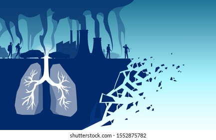 Bad Air Quality And Smoking Hazards Concept. Vector Of Human Lungs Inhaling Toxic Pollutants, Industrial Toxins, Cigarette Smoke And Car Emissions