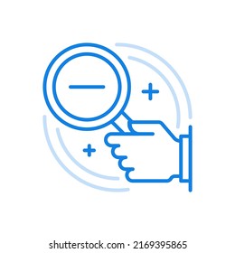 
Bad analytics vector line icon. Economic crisis declining financial investment. Hand holds magnifying glass with minus sign in center. Low income statistics collapse foreign exchange transactions.