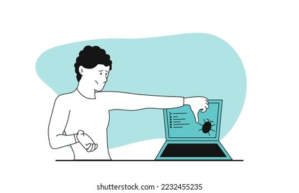 Bad app development and man sad vector illustration concept. Application warning and network problem. Maintenance online business and banner communication. Forbidden software and danger server