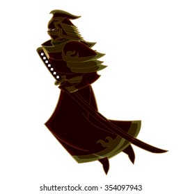 Bad Ass Samurai Master with Golden Outfit Flying Cartoon Vector