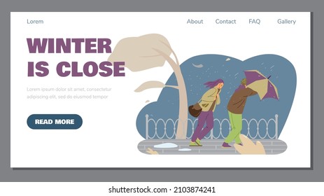 Bad autumn and winter weather website banner. Male and female character being pushed by storm under heavy rain and strong wind. Tree is blown away on windy day, flat vector illustration.