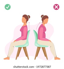 Bad back posture office syndrome vs good back posture.Woman sitting in wrong and right ways. Vector illustration 