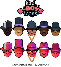 Bad B-boys For Life. A set of 5 cool bboys with different iconic hats from the 1980s.  svg