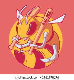 Bad Bee character vector illustration. Sports, gaming, animal design concept.