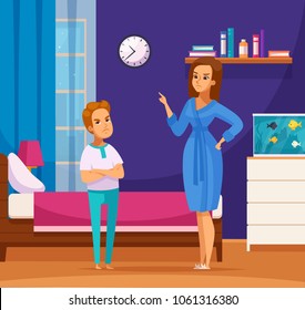 Bad behavior bullying children flat cartoon characters composition with bedroom interior and mother sermonizing her son vector illustration