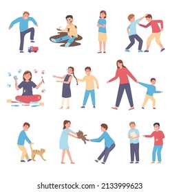 Bad behavior of children flat set with kids characters being rude and offensive isolated vector illustration