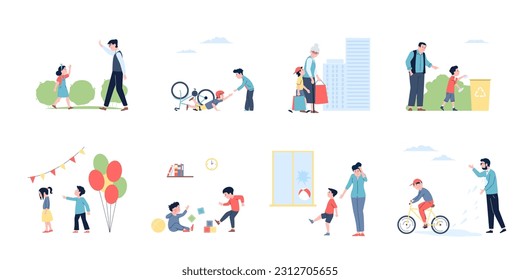 Bad behavior kids and broken friendship. Polite and aggressive, teasing children. Conflict with child and adults, misbehave recent vector characters