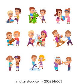 Bad behavior kids. Bullying kid, school girls scare. Child in stress, conflicted angry cartoon children. Naughty brother and sister decent vector set