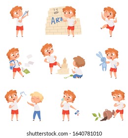 Bad behavior kids. School sad boys and girls angry devil little persons vector characters