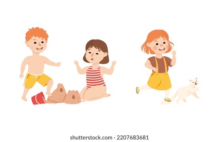 Bad behavior of kids set. Angry boy destroying sandcastle, girl stepping on tail of cat cartoon vector illustration