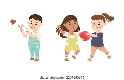 Bad behavior of kids set. Bad boy shooting st bird with slingshot, girls fighting over ball cartoon vector illustration