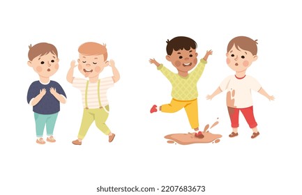 Bad behavior of kids set. Bully boy jumping into puddle and spraying another with mud, boy teasing his classmate cartoon vector illustration