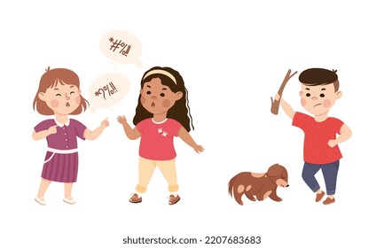 Bad behavior of kids set. Two girls swearing loudly, boy beating his dog with stick cartoon vector illustration