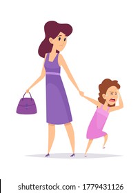 Bad behavior. Little girl crying, isolated mother and daughter. Cartoon puzzled woman and child. Sad female vector illustration