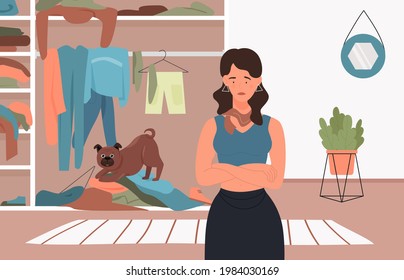 Bad behavior of naughty dog, trouble mess in room vector illustration. Cartoon woman pet owner character angry at guilty puppy for mess chaos, funny doggy playing with clothes in wardrobe background