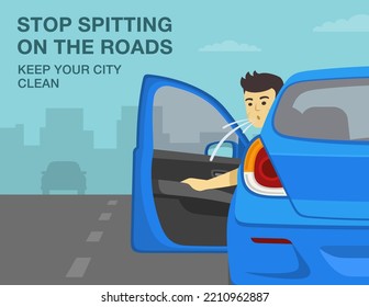 Bad behavior on city roads. Young male driver opens front door and spits. Stop spitting on the roads, keep your city clean. Close-up back view. Flat vector illustration template.