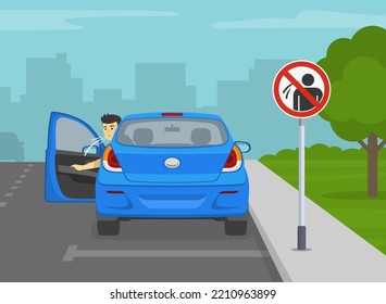 Bad behavior on city roads. Young male driver opens front door and spits on parking area. "No spitting" sign. Back view of a blue car. Flat vector illustration template.