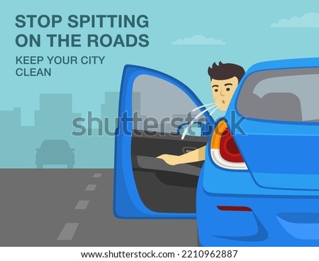 Bad behavior on city roads. Young male driver opens front door and spits. Stop spitting on the roads, keep your city clean. Close-up back view. Flat vector illustration template. [[stock_photo]] © 
