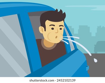 Bad behavior on roads. Close-up of a young male passenger spitting on road. Flat vector illustration template.