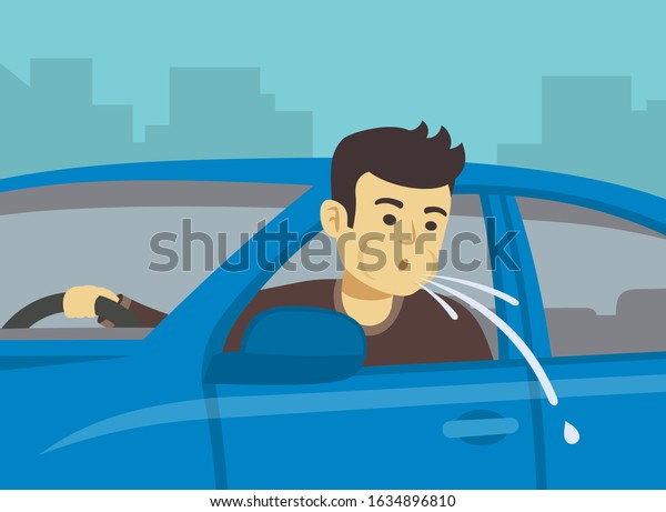 Bad behavior on\
roads. Young male driver spitting on road. Close up view. Flat\
vector illustration\
template.