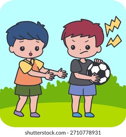 Bad Behavior Scene Boy Grabbing Ball From Friend. Ideal for social emotional learning, parenting resources, school materials, sharing lessons, behavior charts, storybooks, and character education.