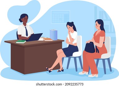 Bad behavior at school 2D vector isolated illustration. Schoolgirl with mother talking with principal flat characters on cartoon background. Dealing with school expulsion colourful scene