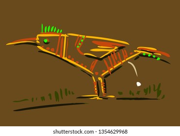 bad bird with a green crest droped a white pellet on the earth. sketch on a brown background

