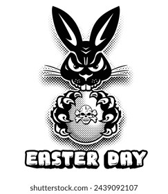 Bad black Easter bunny holds an egg with skull and crossbones in his claws. Vector on transparent background in comic style