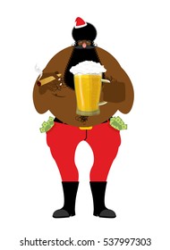 Bad Black Santa with beer and cigar. African American Claus. money in pocket. drink away earnings. Christmas bully. New Year celebration

