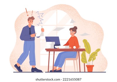 Bad boss concept. Man yells at female subordinate. Criticism and aggression. Emotions, gestures and facial expressions. Inefficient workflow organization metaphor. Cartoon flat vector illustration