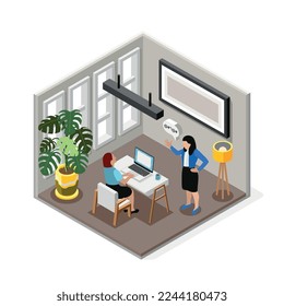 El jefe de la composición isométrica aislada del mal jefe está desdeñando a su empleada en la ilustración vectorial del lugar de trabajo