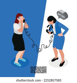 Bad boss isometric and colored concept boss scolds his subordinate over the phone vector illustration