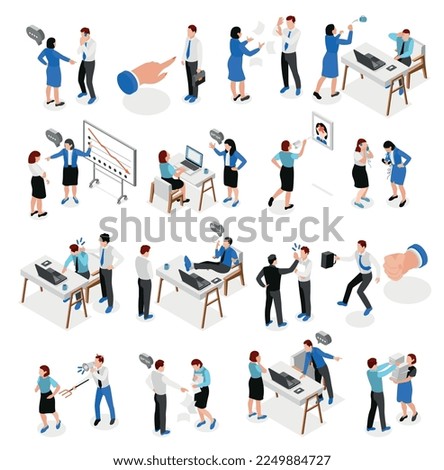 Bad boss isometric icon set bad manager scolds, shouts and beats his subordinates vector illustration
