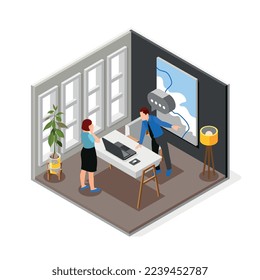 Bad boss isometric and isolated composition boss yells at subordinate and she cries vector illustration