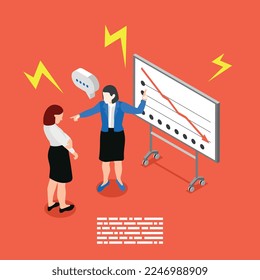 Bad boss isometric red composition the boss scolds an employee for a drop in performance vector illustration