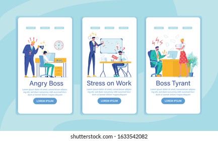 Bad Boss, Stress Onboarding Screen Flat Template. Adverse Office Atmosphere, Pressure. Shouting Chief and Subordinate Faceless Characters. Labor Psychology Mobile App Interface Cartoon Vector Layout