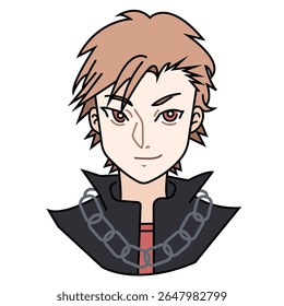 Bad boy with brown hair, red eyes, and jacket with chains outlined illustration on white background.