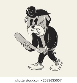 bad boy bulldog holding baseball bat retro cartoon mascot