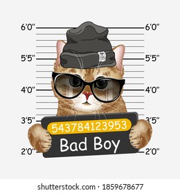 Bad boy cat with black hat and sunglasses. kitty. Colorful realistic portrait of cat. Template for card, poster, banner, print for t-shirt.