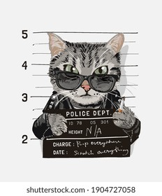 Bad Boy Cat In Sunglasses Holding Mugshot Sign Illustration