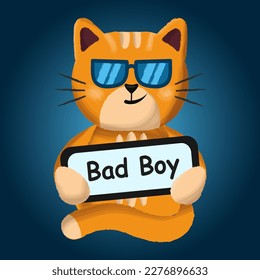 Bad boy cat with sunglasses. Red kitty. Colorful portrait of cat. Template for card, poster, banner, print for t-shirt. Vector illustration