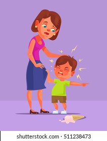 Bad boy child character demand and cry. Vector flat cartoon illustration