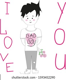 Bad boy declares love and holds flowers behind him