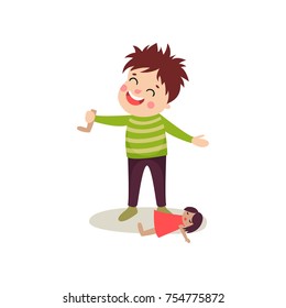 Bad boy with happy face tore off doll s leg, bully kid demonstrating bad behavior