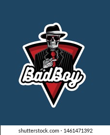 bad boy mob skull logo esport, gangster with jacket  glasses and cigarettes