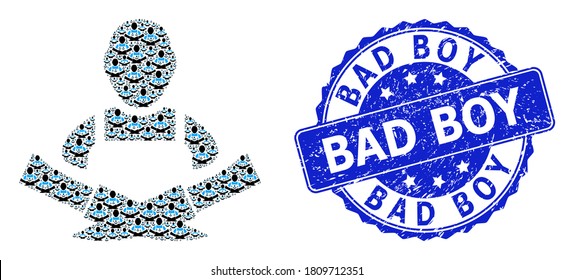 Sello redondo de goma Bad Boy y carnicero de mosaico fractal vector. El sello azul incluye texto Bad Boy dentro de forma redonda. El mosaico vectorial se forma con pictogramas repetitivos de carnicero.