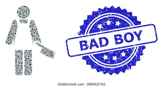 Bad Boy rubber stamp and vector recursive collage butcher person. Blue stamp seal has Bad Boy caption inside rosette. Vector mosaic is formed from recursive rotated butcher person icons.